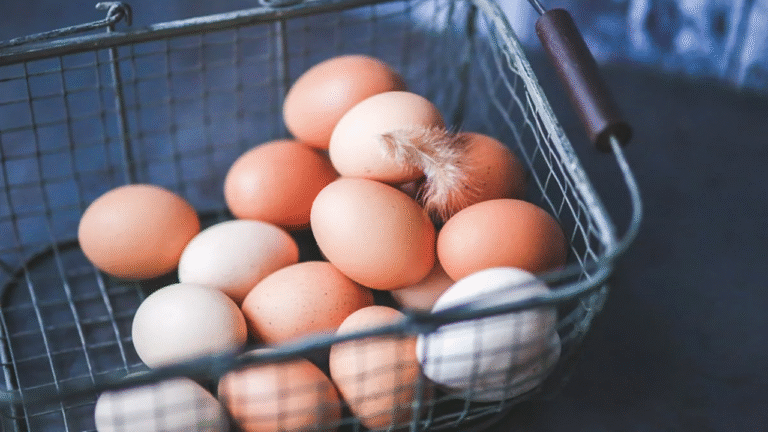 Cesta de arame com ovos caipiras recém-colhidos e pequena pena apoiada sobre as cascas