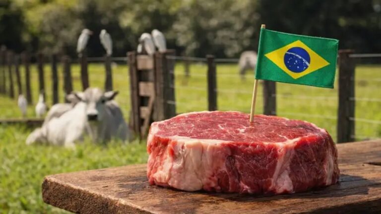 Bife de carne bovina crua com bandeira do Brasil espetada sobre tábua de madeira em fazenda com gado ao fundo