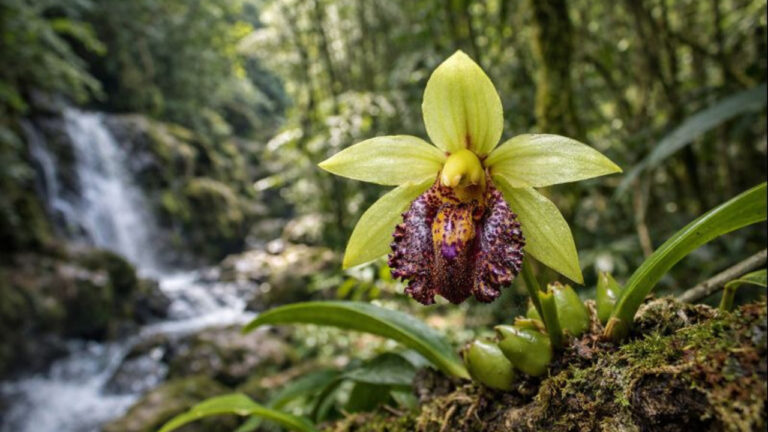 Orquídea silvestre com pétalas verdes e centro roxo cresce em floresta úmida com cachoeira ao fundo