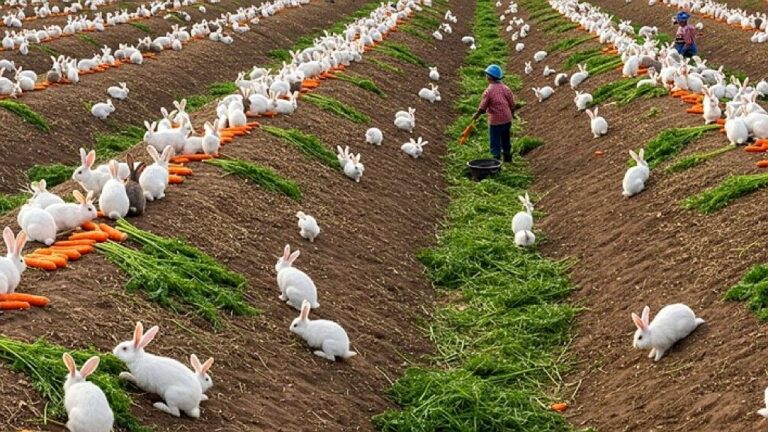 Coelhos em criação rural se alimentam de cenouras em plantação agrícola em imagem sobre cunicultura e produção rural
