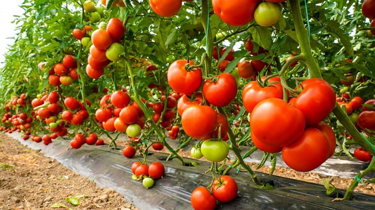 Tomates maduros e verdes ainda no pé em cultivo agrícola em estufa em imagem sobre produção de hortaliças no campo