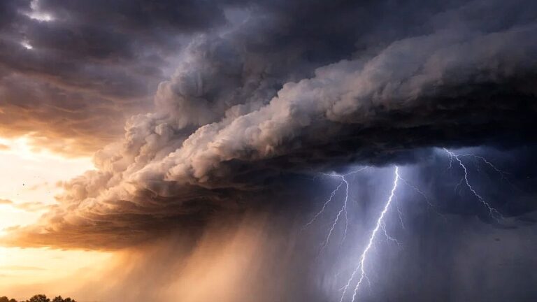 Nuvens densas de tempestade com raios e chuva intensa iluminam o céu durante evento climático severo