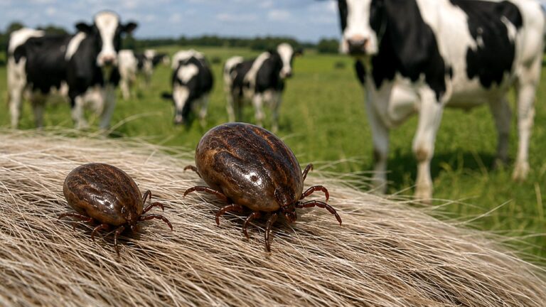 Carrapatos sobre o pelo de bovino em pastagem com rebanho ao fundo durante manejo pecuário e controle sanitário