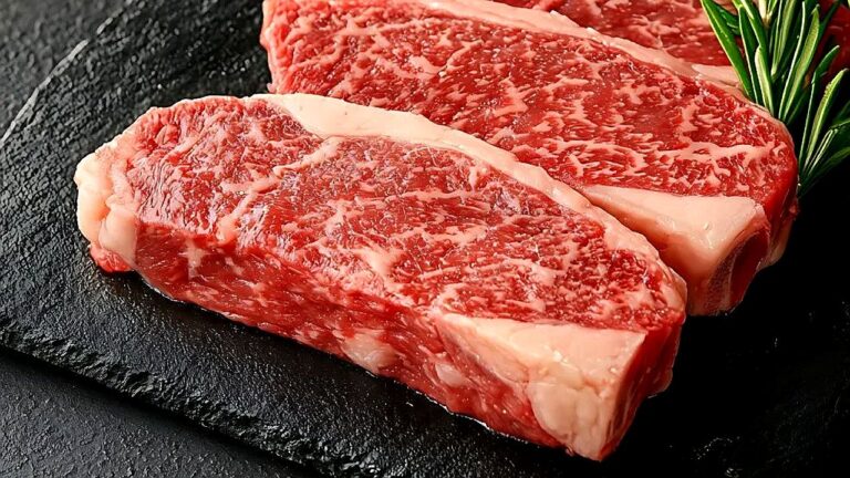 Cortes de carne bovina marmorizada sobre superfície escura com erva aromática para preparo gastronômico